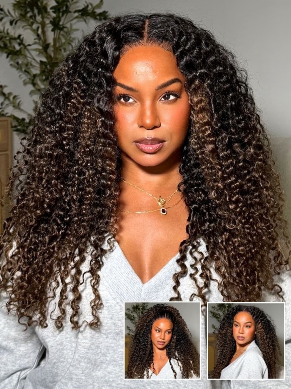 Voluminous Deep Curly Lace Front Wig - Dark Brown with Honey Highlights